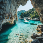Swimmers and snorkelers exploring hidden coves with clear blue waters