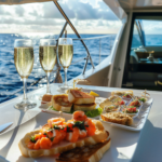 Prosecco glasses and snacks on the yacht to start a luxurious sailing adventure