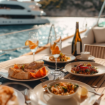 Alfresco lunch setup on the yacht or seaside, featuring a delicious meal with ocean views